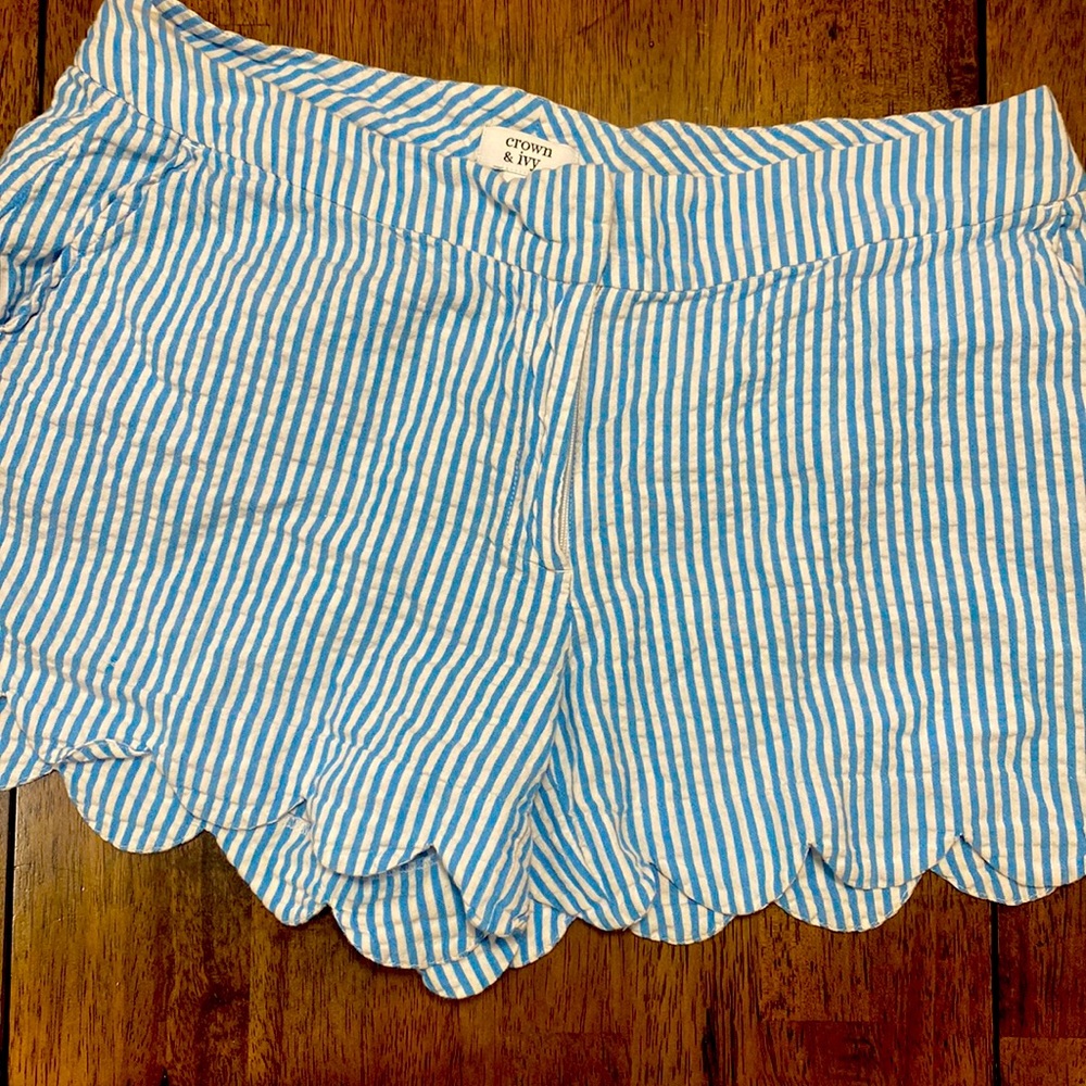 Crown and Ivy Blue and White Seersucker Stripe Scalloped Shorts